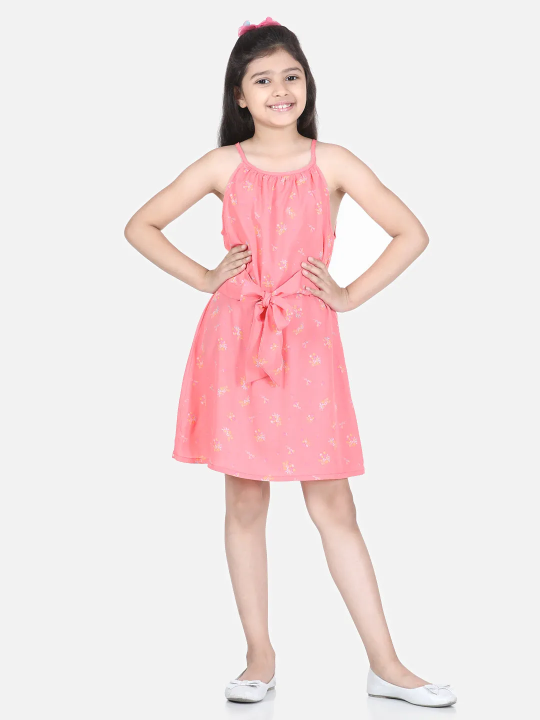 Girl's Coral Floral Front Tie Knot Dress - StyleStone Kid