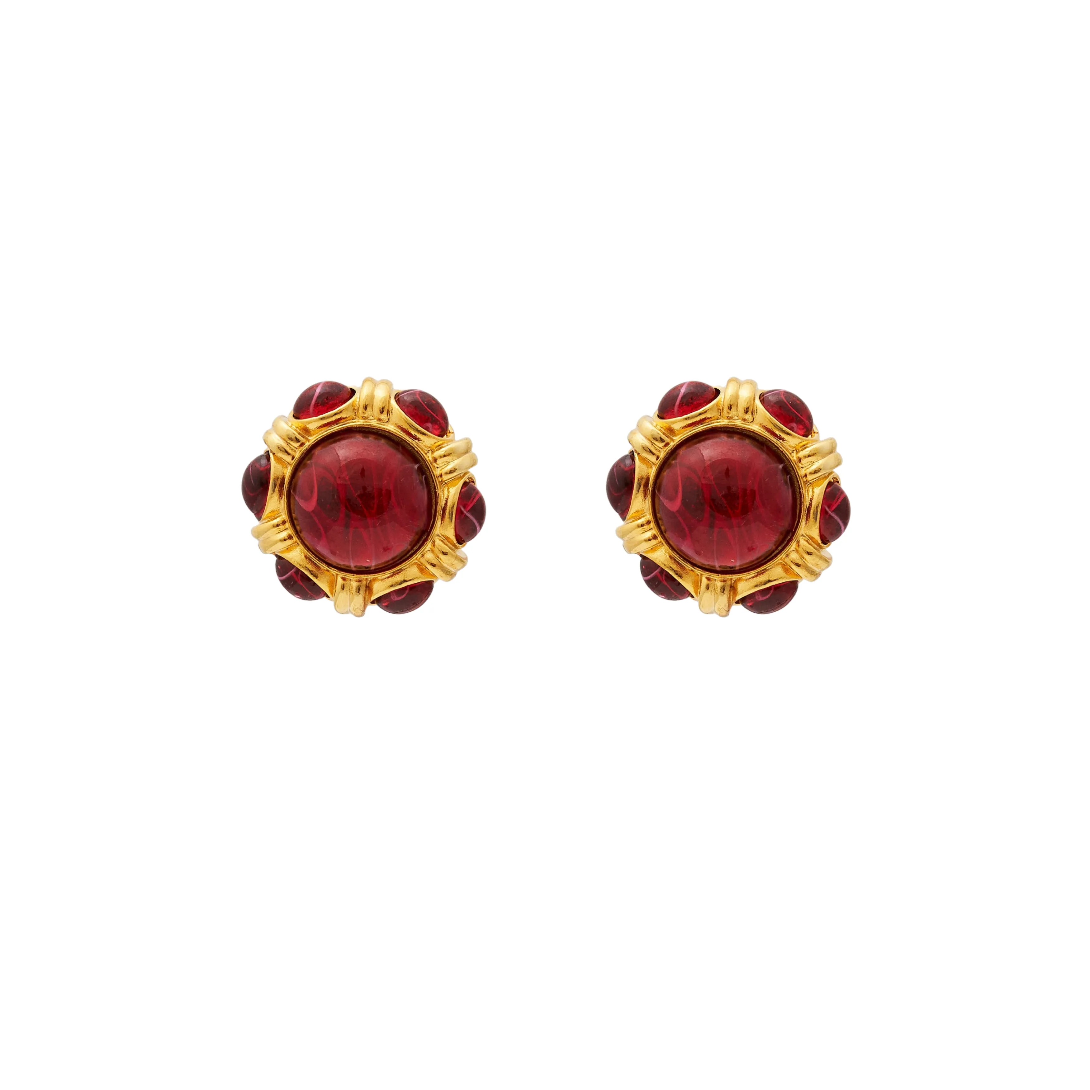 Gold & Ruby Button Clip Earrings