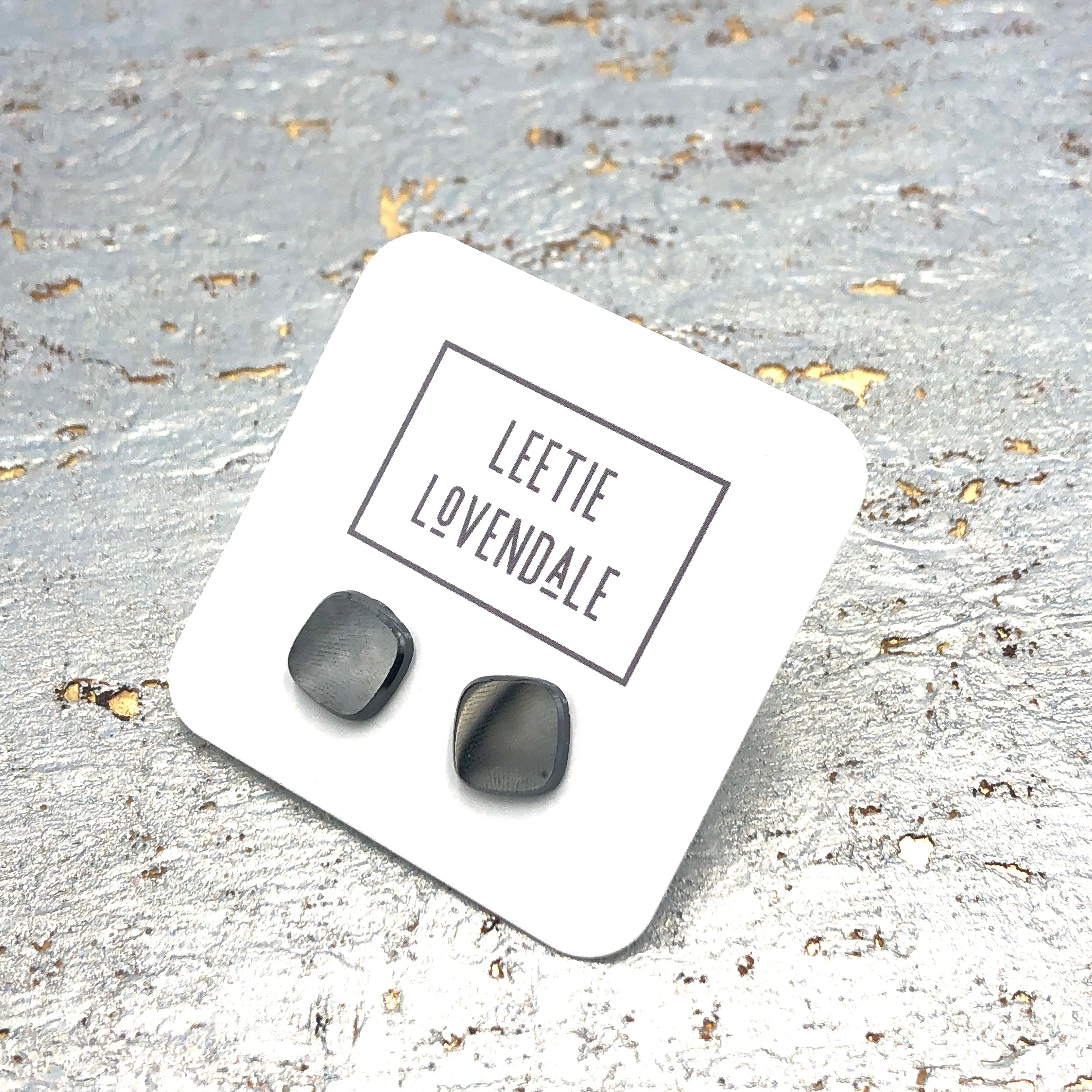 Gun Metal Luster Glass Rounded Square Stud Earrings *