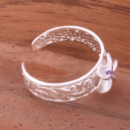 Hawaiian Scroll See Through 8mm Plumeria with Purple CZ Toe Ring