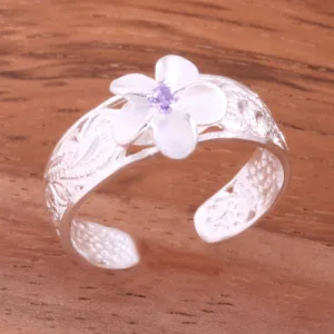 Hawaiian Scroll See Through 8mm Plumeria with Purple CZ Toe Ring