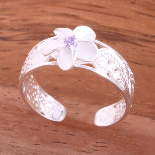 Hawaiian Scroll See Through 8mm Plumeria with Purple CZ Toe Ring