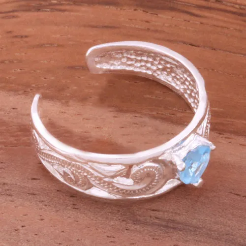 Hawaiian Scroll See Through with Blue Heart CZ Toe Ring