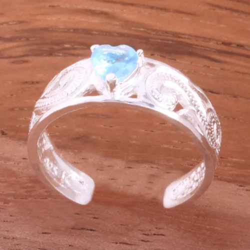 Hawaiian Scroll See Through with Blue Heart CZ Toe Ring