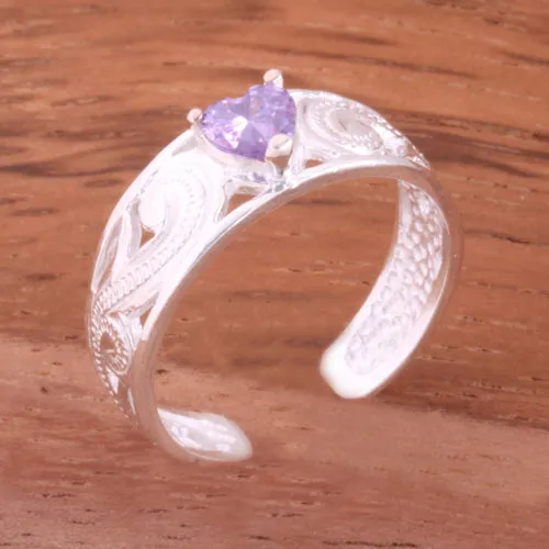 Hawaiian Scroll See Through with Purple Heart CZ Toe Ring