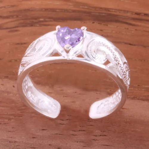 Hawaiian Scroll See Through with Purple Heart CZ Toe Ring