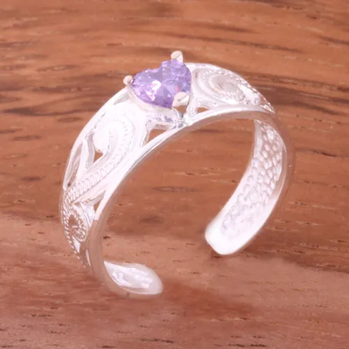 Hawaiian Scroll See Through with Purple Heart CZ Toe Ring