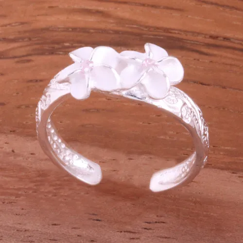 Hawaiian Scroll Two 6mm Plumeria with Pink CZ Smooth Edge Toe Ring