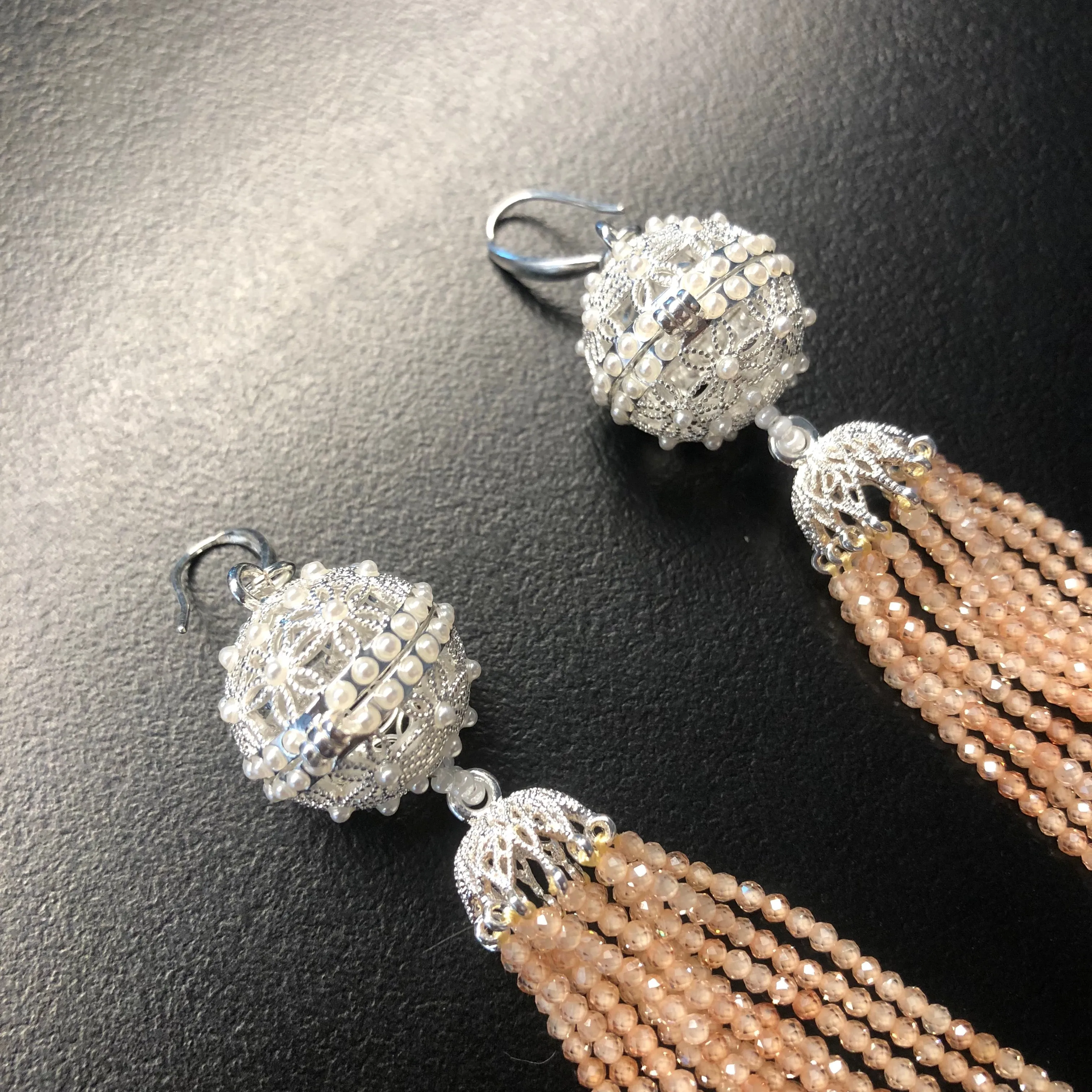 Herbal Locket Crystal Tassel Earrings - Champagne Zirconia