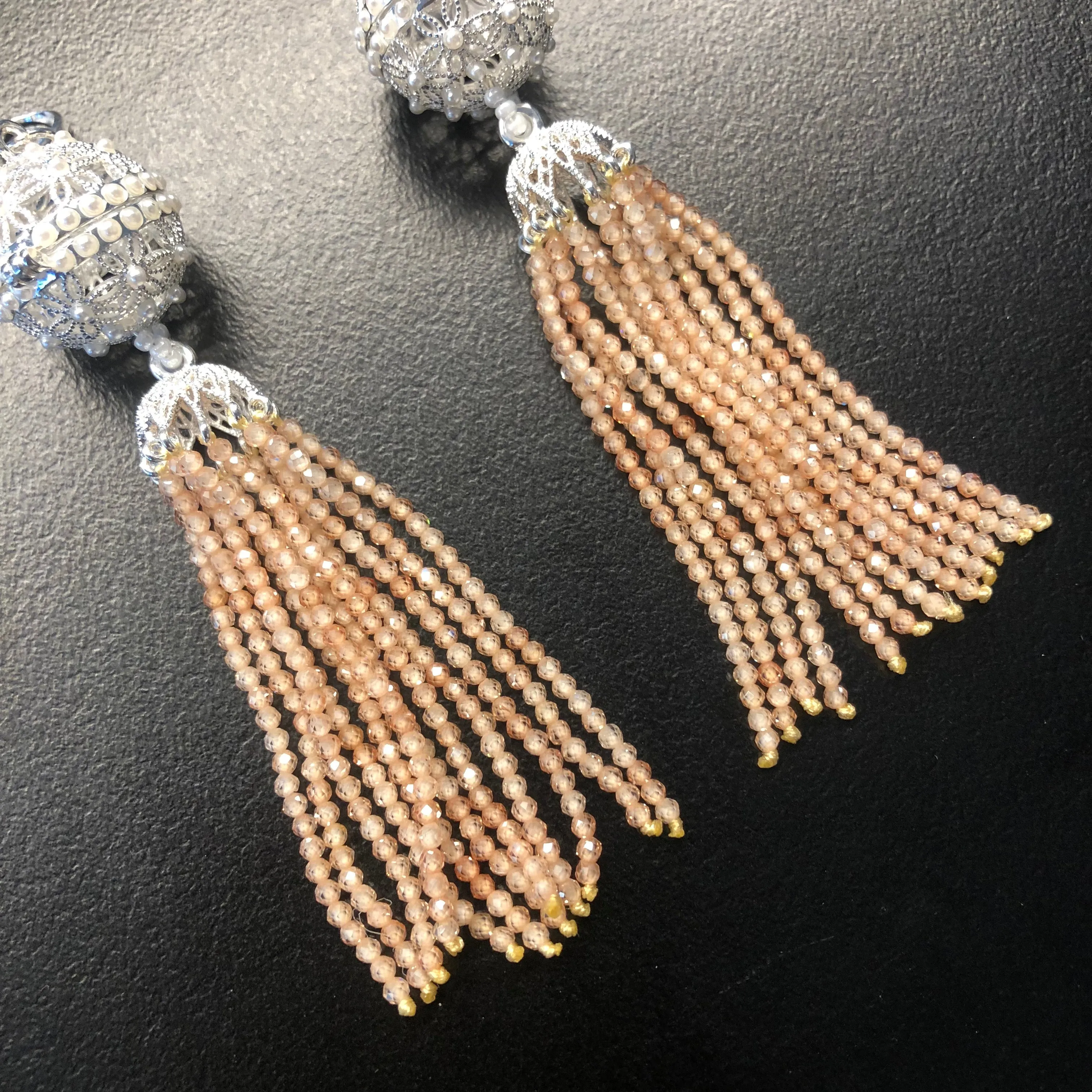 Herbal Locket Crystal Tassel Earrings - Champagne Zirconia