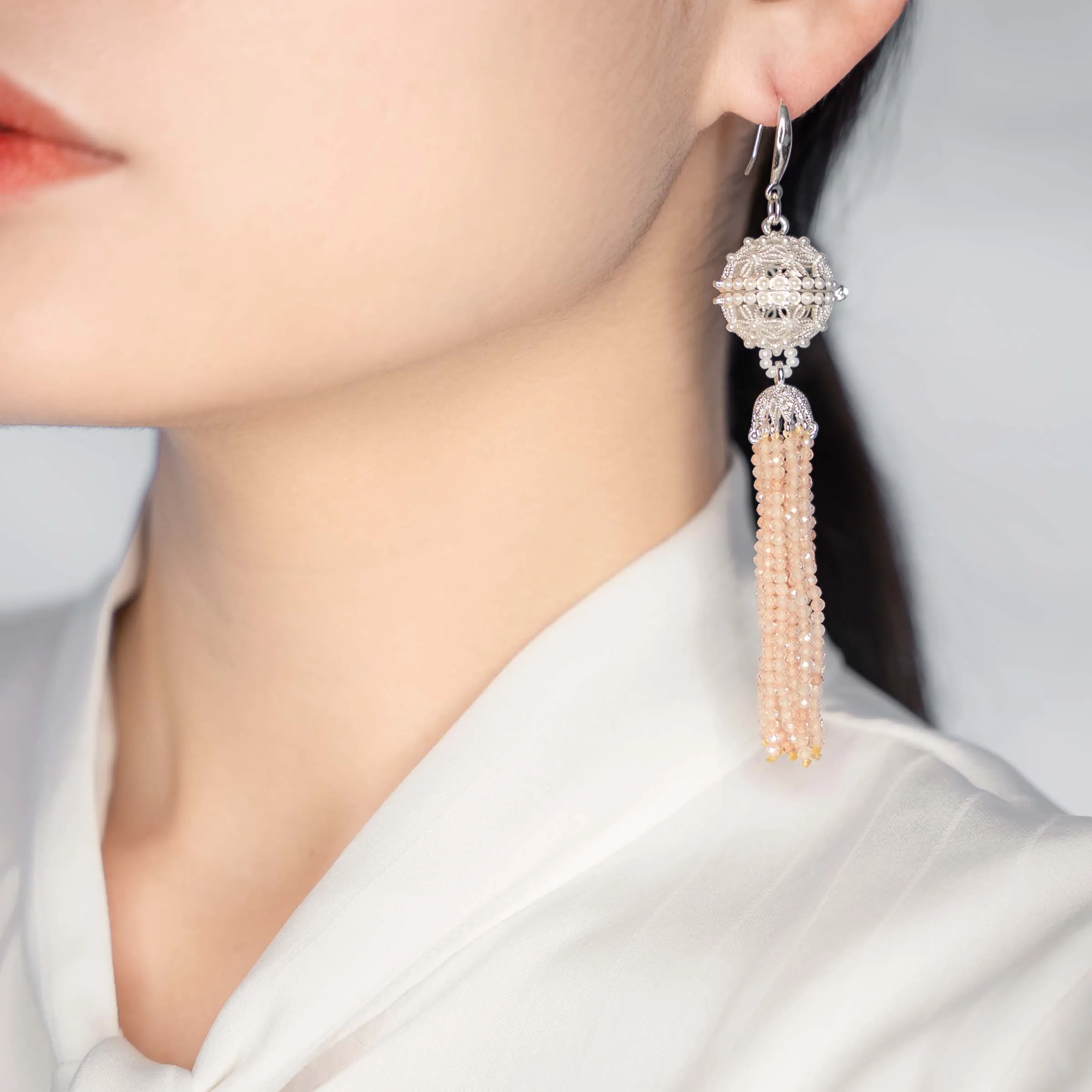 Herbal Locket Crystal Tassel Earrings - Champagne Zirconia