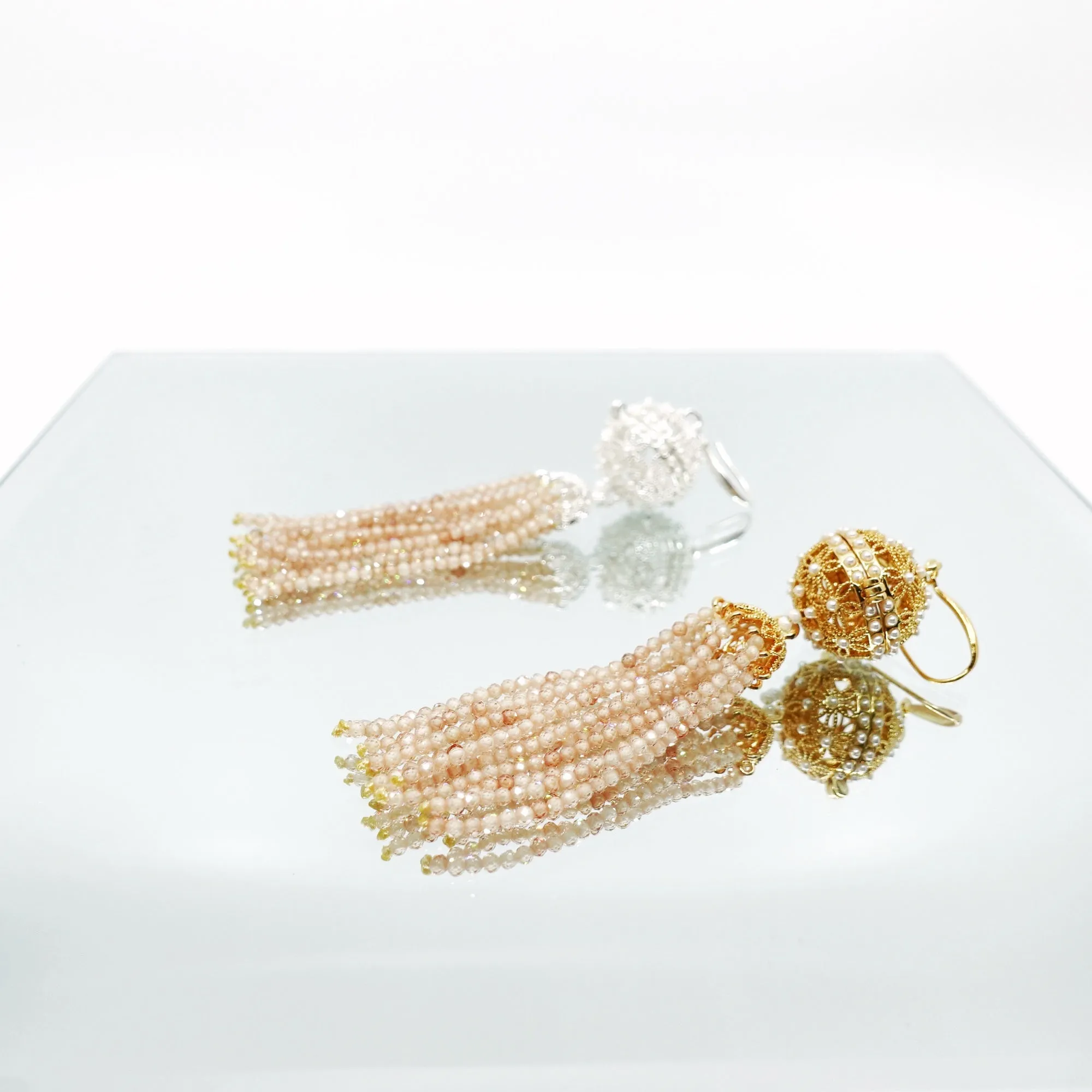 Herbal Locket Crystal Tassel Earrings - Champagne Zirconia