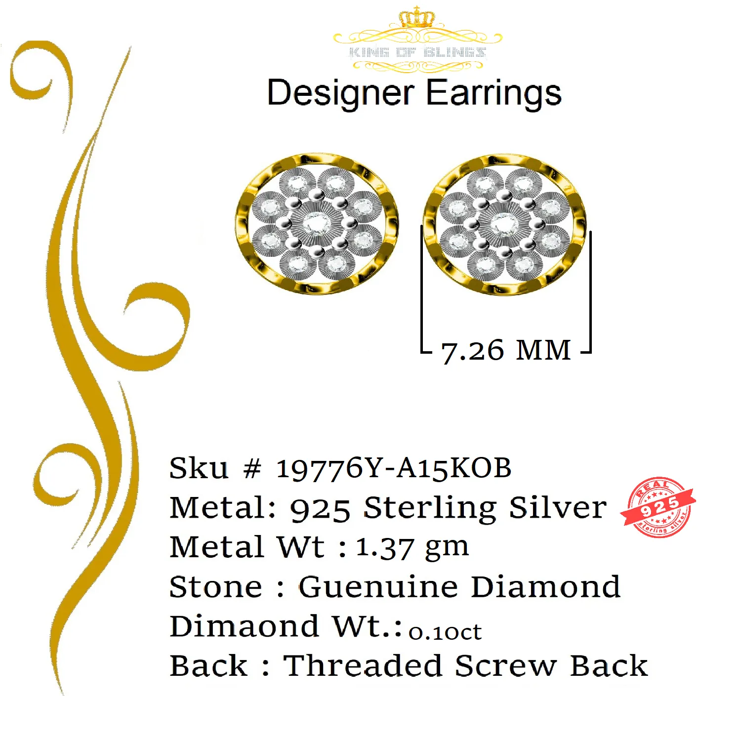 King of Blings-0.05ct Diamond 925 Sterling Silver Yellow For Men's & Women's Floral Earrings