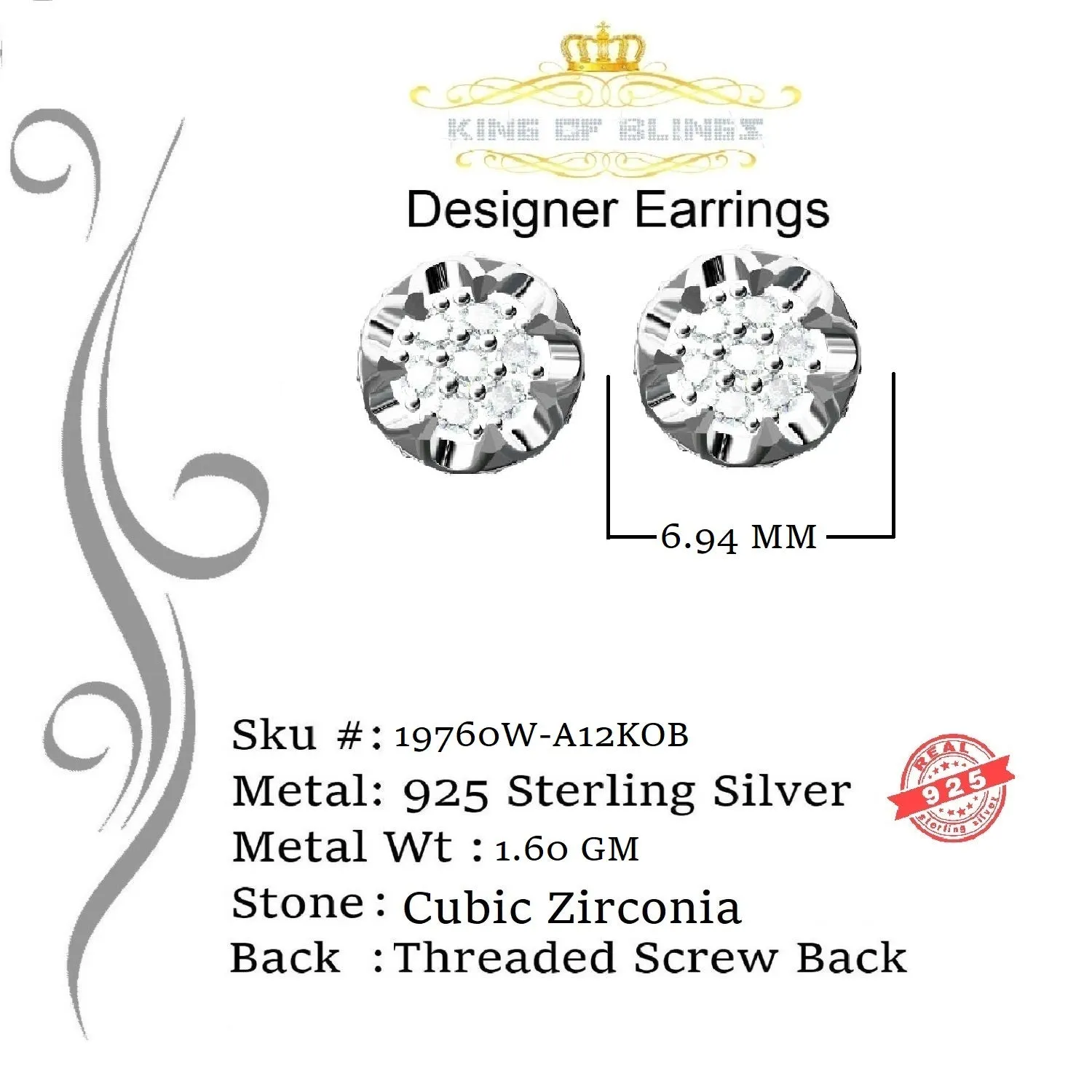 King of Blings- 925 White Silver Sterling 0.36ct Cubic Zirconia Hip Hop Floral Women's Earrings