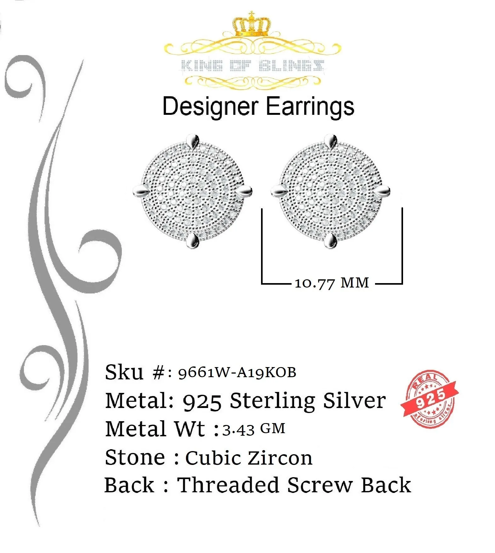 King of Blings- Aretes Para Hombre 925 White Silver 1.06ct Cubic Zirconia Round Women's Earrings