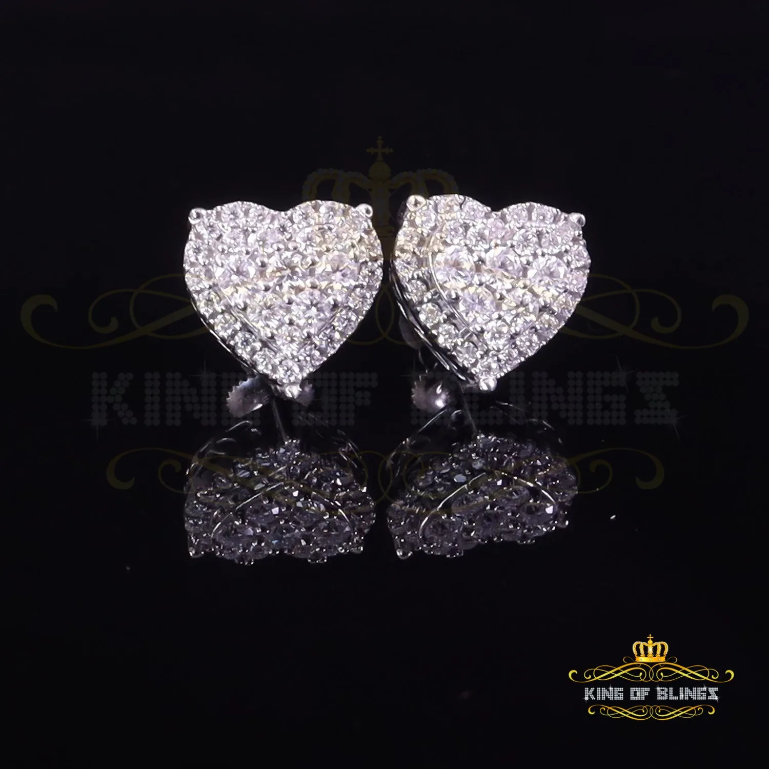 King of Bling's Men's/Womens 925 Silver White 1.00ct VVS 'D' Moissanite 3D Heart Stud Earrings