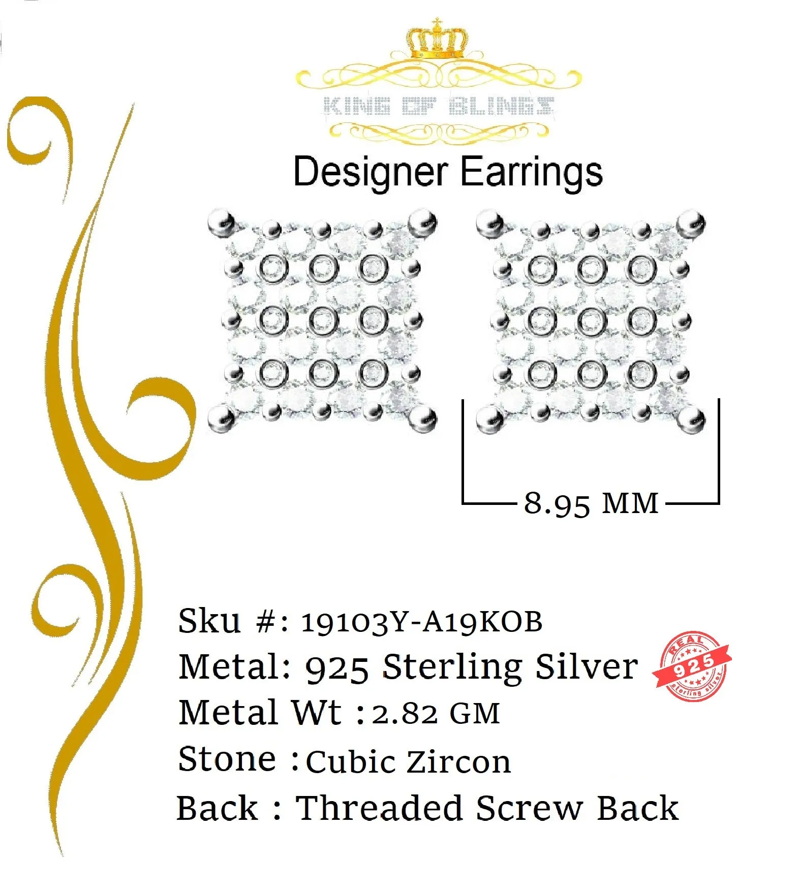 King of Bling's Yellow 925 Sterling Silver 2.06ct Cubic Zirconia Ladies Hip Hop Square Earrings