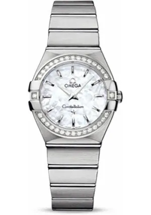 Omega Ladies Constellation Quartz Watch - 27 mm Brushed Steel Case - Diamond Bezel - Mother-Of-Pearl Dial - 123.15.27.60.05.001