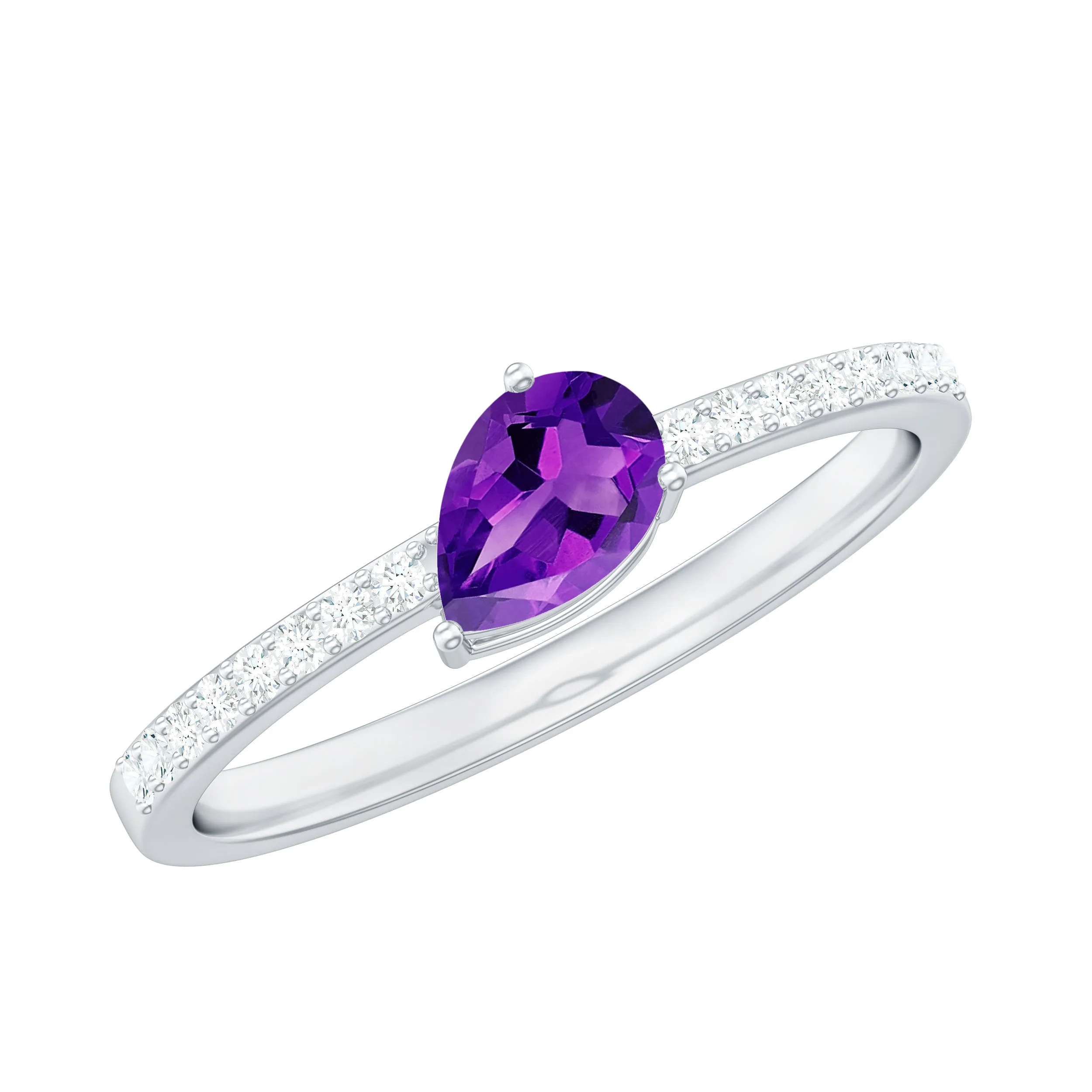 Pear Cut Amethyst Solitaire Ring with Diamond Side Stones