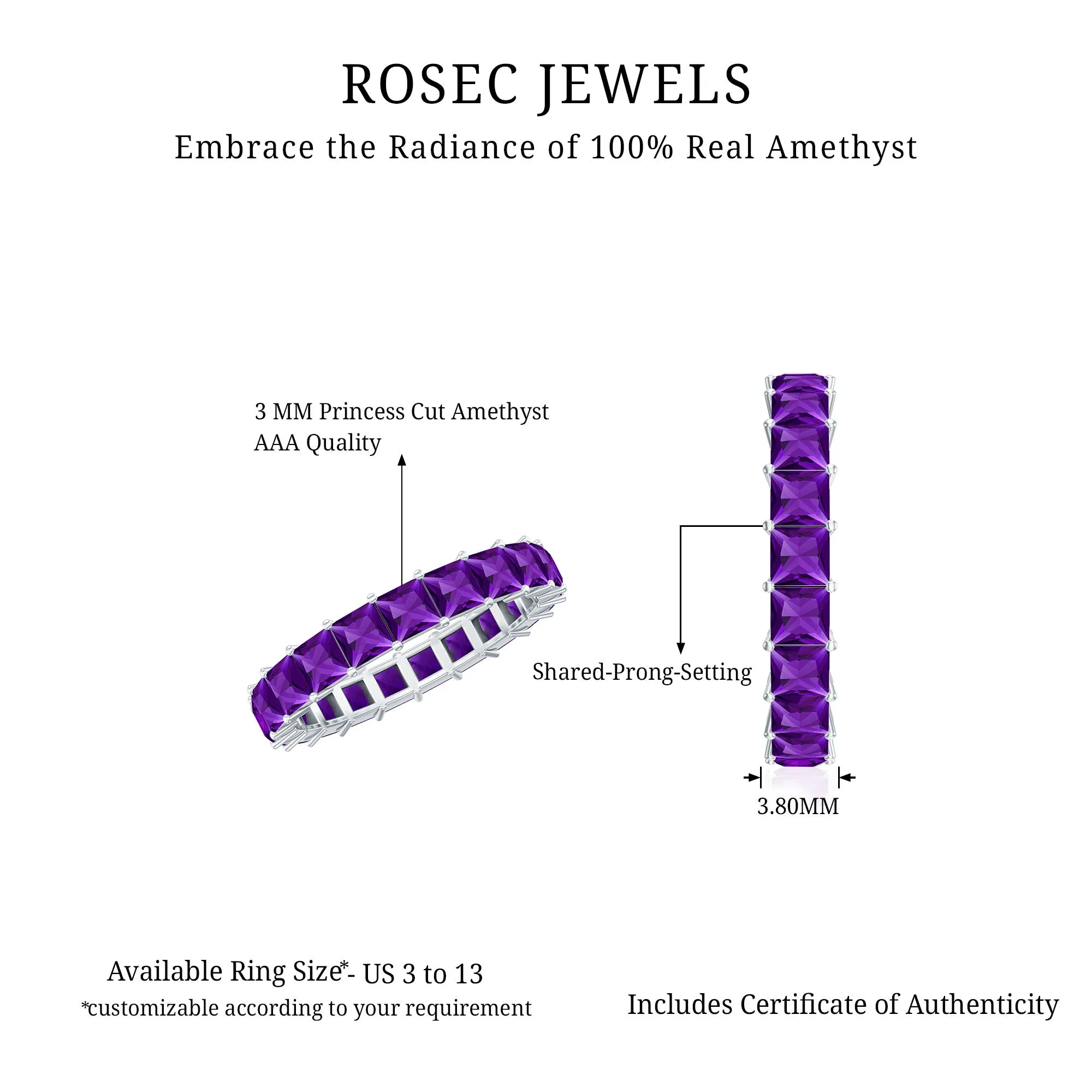 Princess Cut Real Amethyst Full Eternity Band Ring