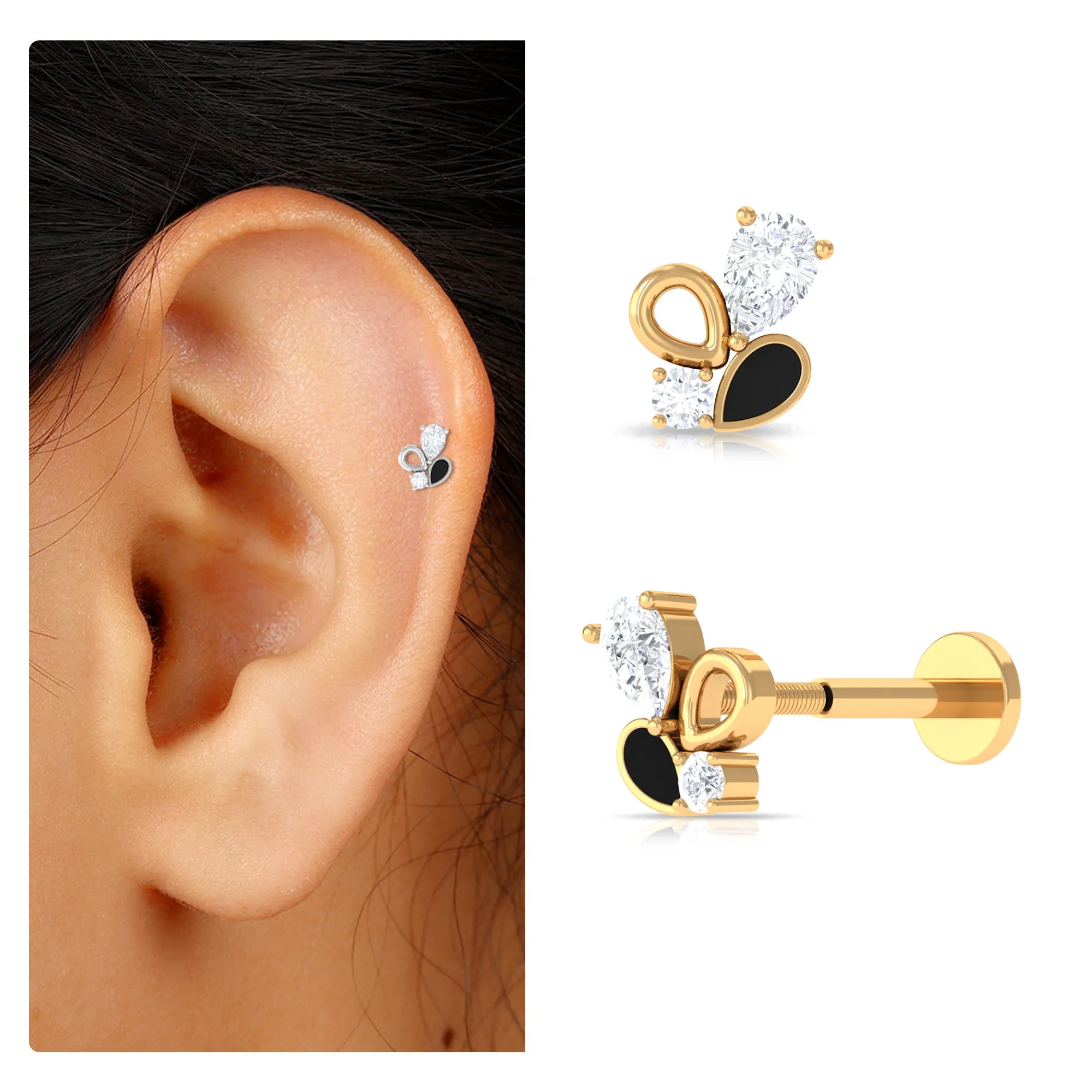 Real Diamond Leaf Helix Earring with Black Enamel