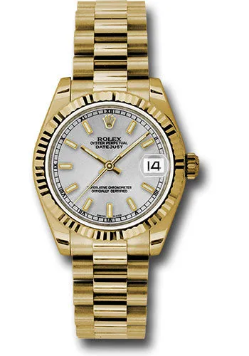 Rolex Yellow Gold Datejust 31 Watch - Fluted Bezel - Silver Diamond Roman Vi Index Dial - President Bracelet 178278 sip