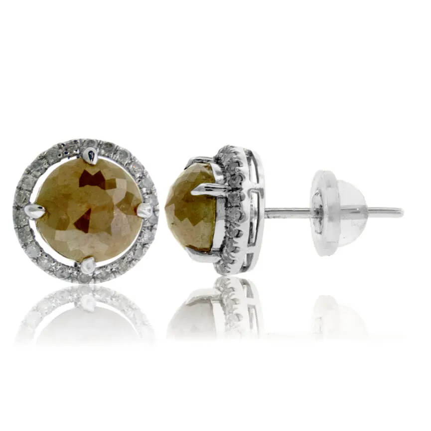 Rose Cut Rough Diamond & Diamond Halo Stud Earrings