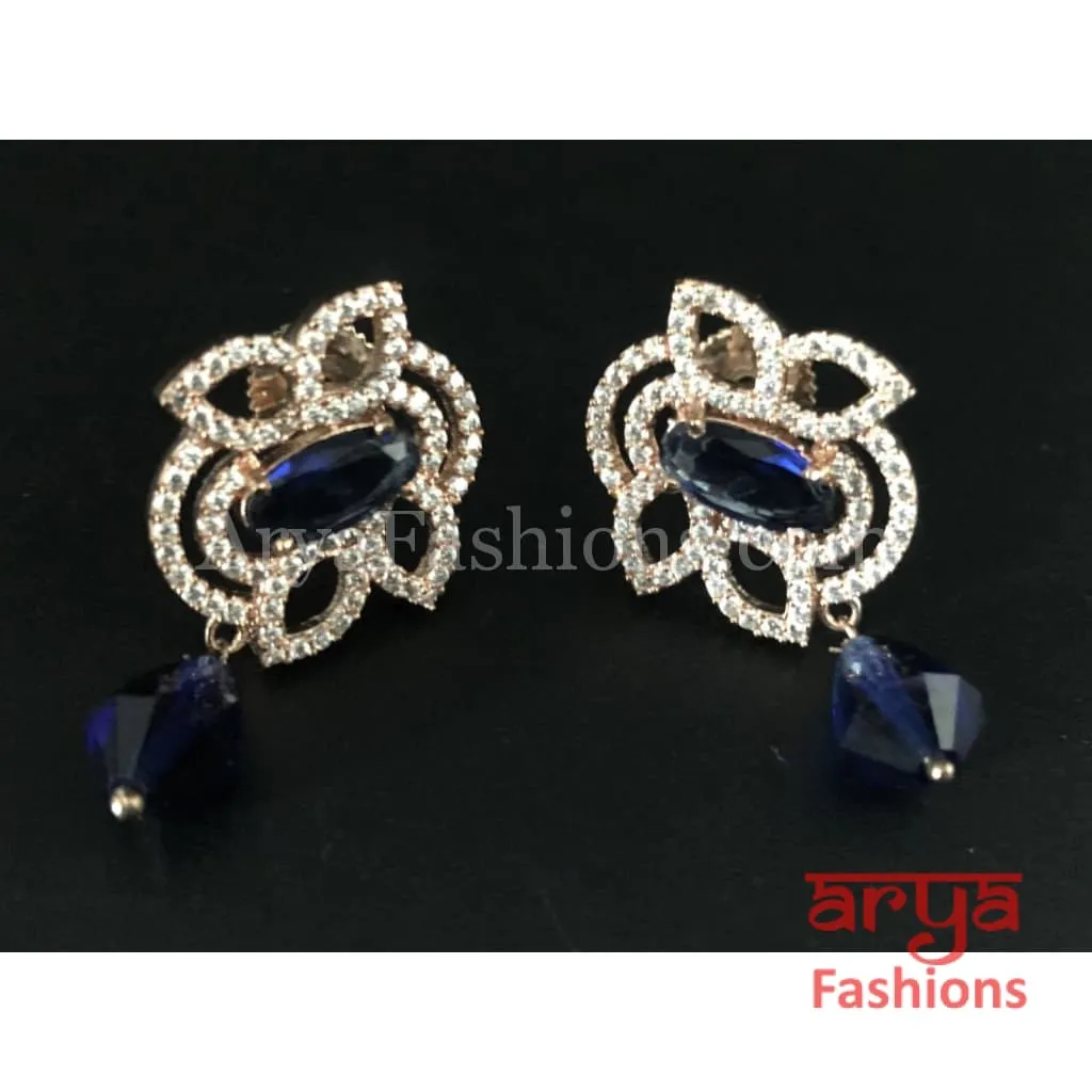 Rose Gold Cubic Zirconia studs with Blue Beads