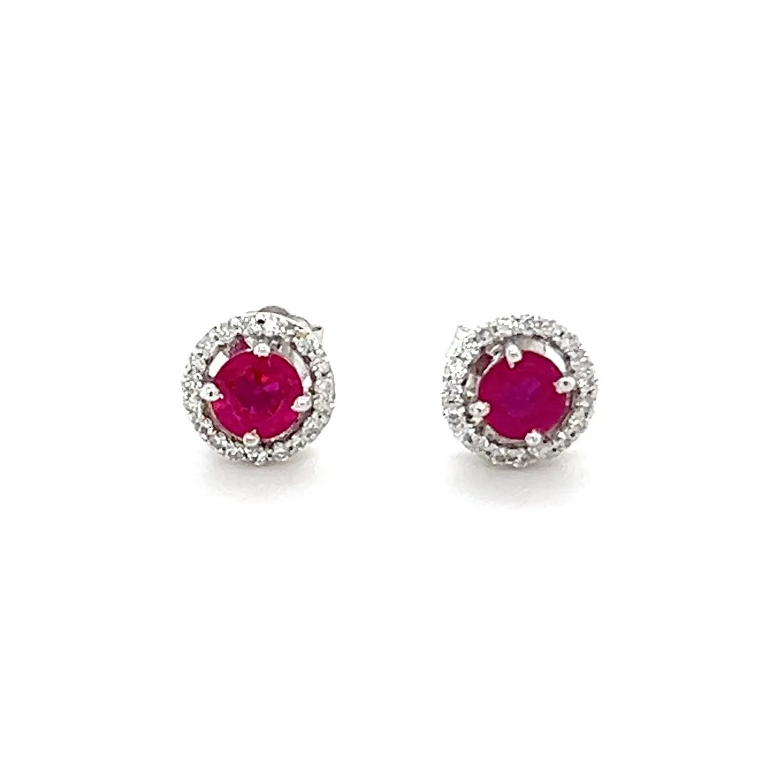 Round Ruby With Diamond Halo Studs