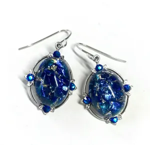 Royal Blue Glass Opal Earrings- Crystal Accents