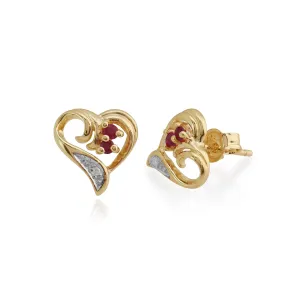 Rubin & Diamant Herz Ohrstecker in 9ct Gelb Gold