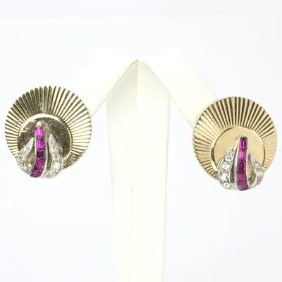 Ruby, Diamanté & Gold Circle Pin & Earrings Set