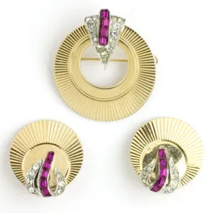 Ruby, Diamanté & Gold Circle Pin & Earrings Set