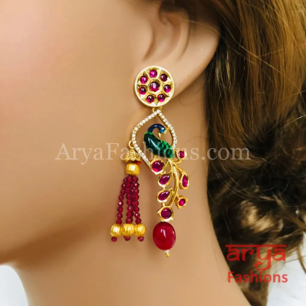 Ruby Peacock Kundan Earrings with Meenakari