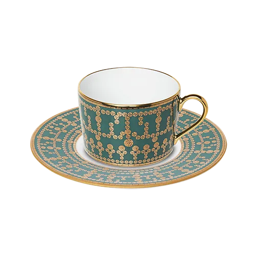 Set of 2 Teacups and Saucers Tiara peacock blue gold