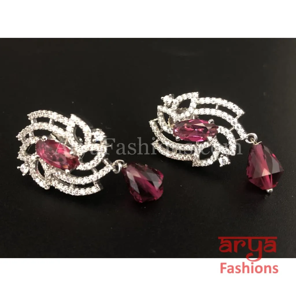 Silver Cubic Zirconia studs with Pink Beads