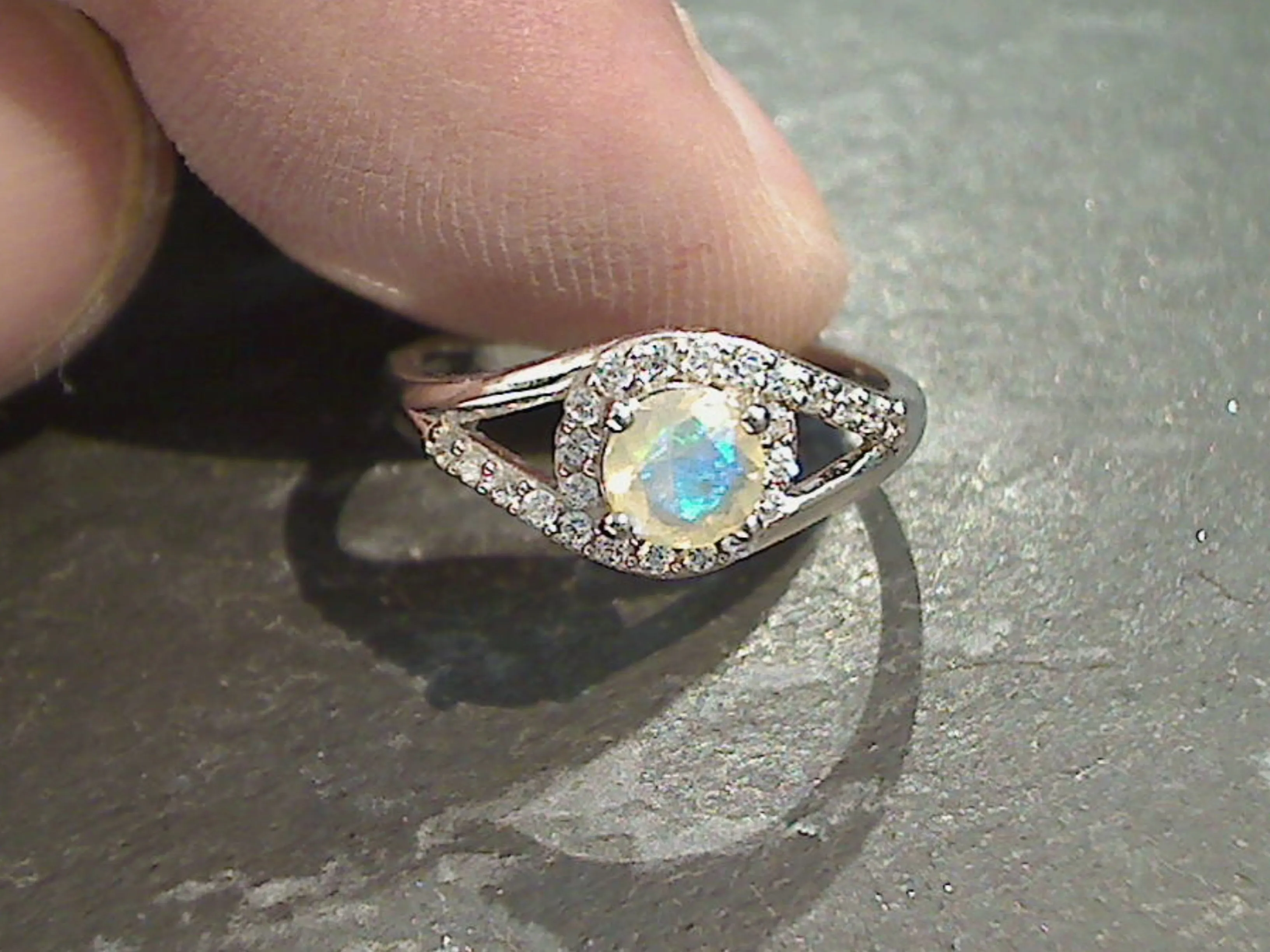 Size 5 Ethiopian Opal, CZ, Rhodium Plated Sterling Silver Ring