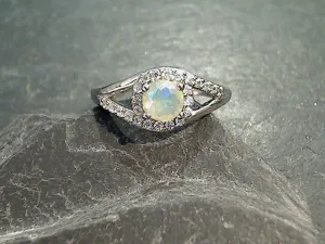 Size 5 Ethiopian Opal, CZ, Rhodium Plated Sterling Silver Ring