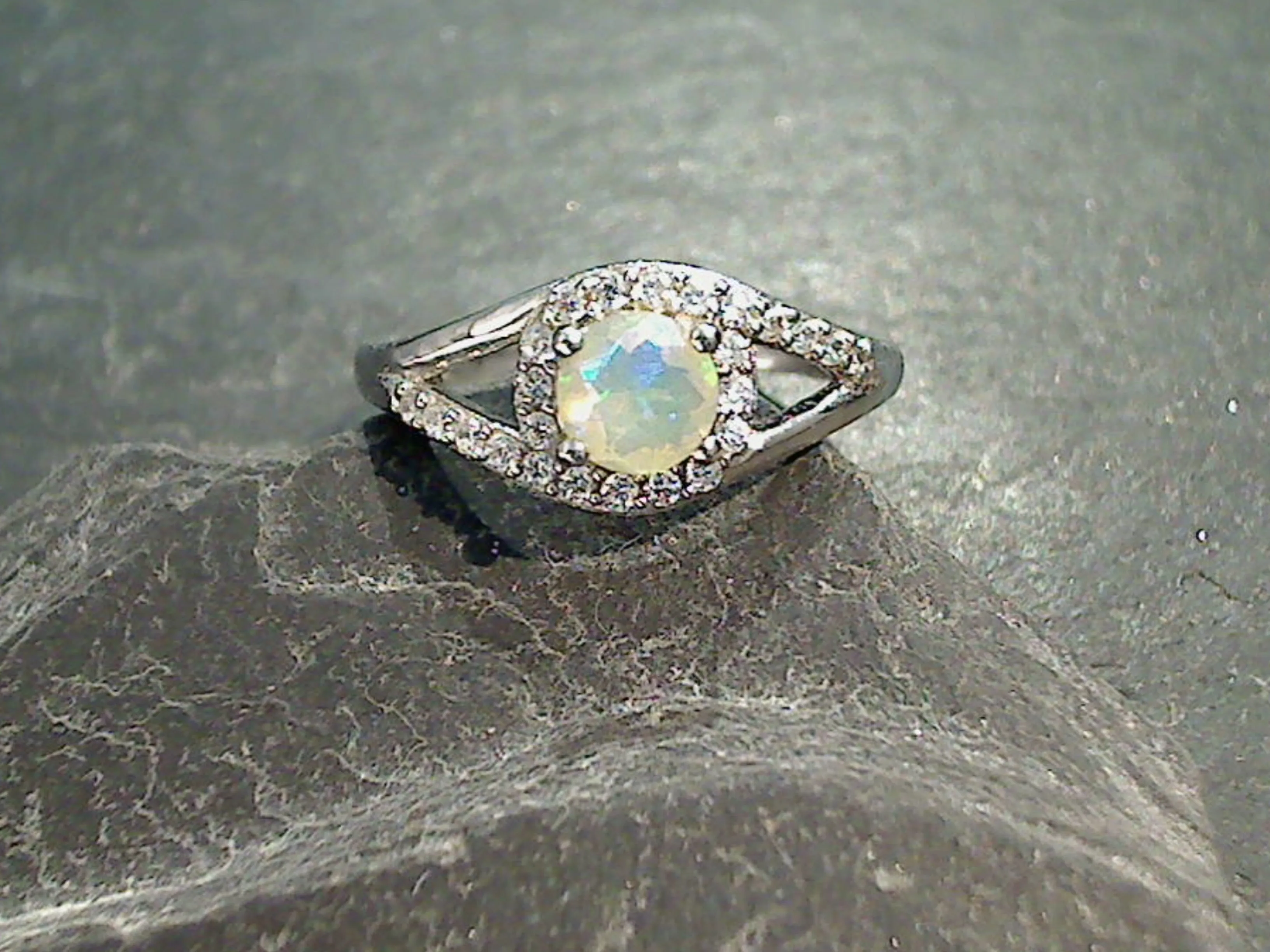 Size 5 Ethiopian Opal, CZ, Rhodium Plated Sterling Silver Ring