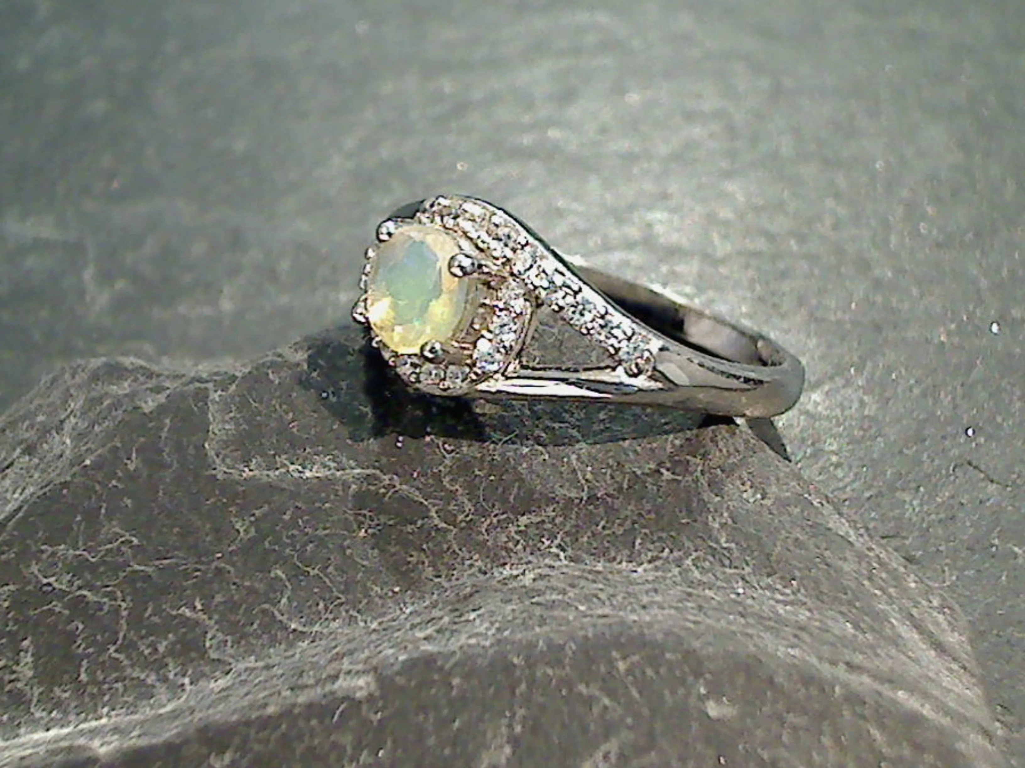 Size 5 Ethiopian Opal, CZ, Rhodium Plated Sterling Silver Ring