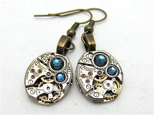 Steampunk Earrings - Deep Blue - Unique - One of a kind - Great for stocking stuffer or birthday gift