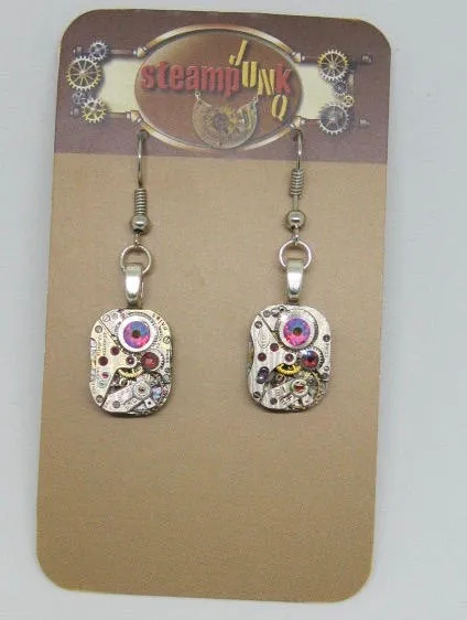 Steampunk watch earrings - Almost Time  - Steampunk Earrings - Fuschia shimmer Swarovski Crystals - Repurposed art