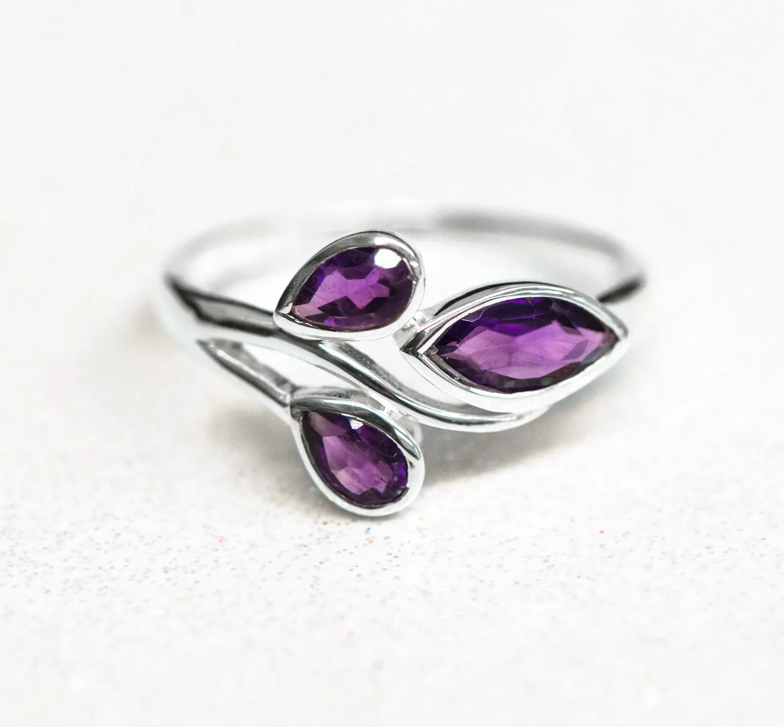 Sterling Silver Pear and Marquise Amethyst Ring - Size 6.75