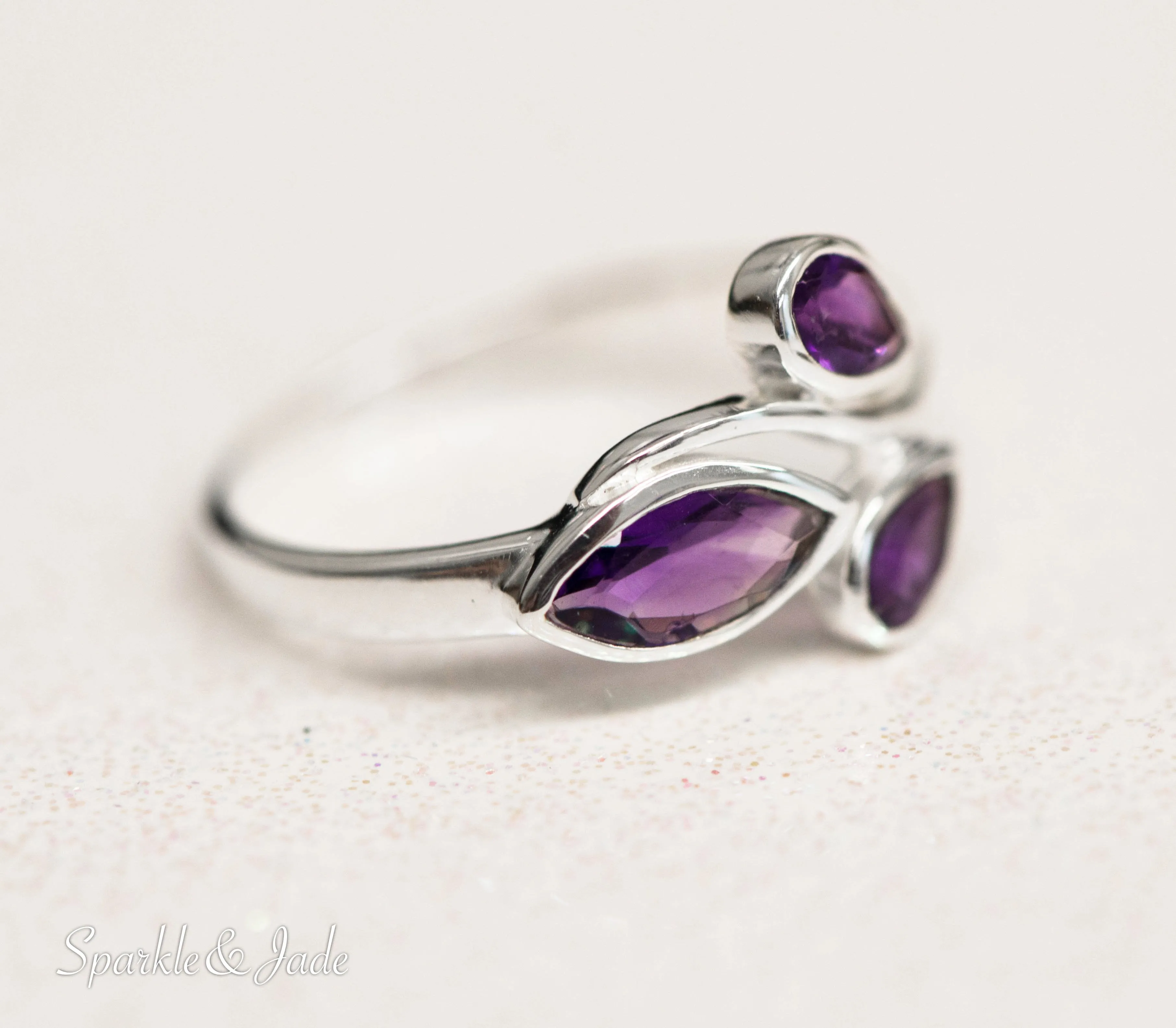 Sterling Silver Pear and Marquise Amethyst Ring - Size 6.75