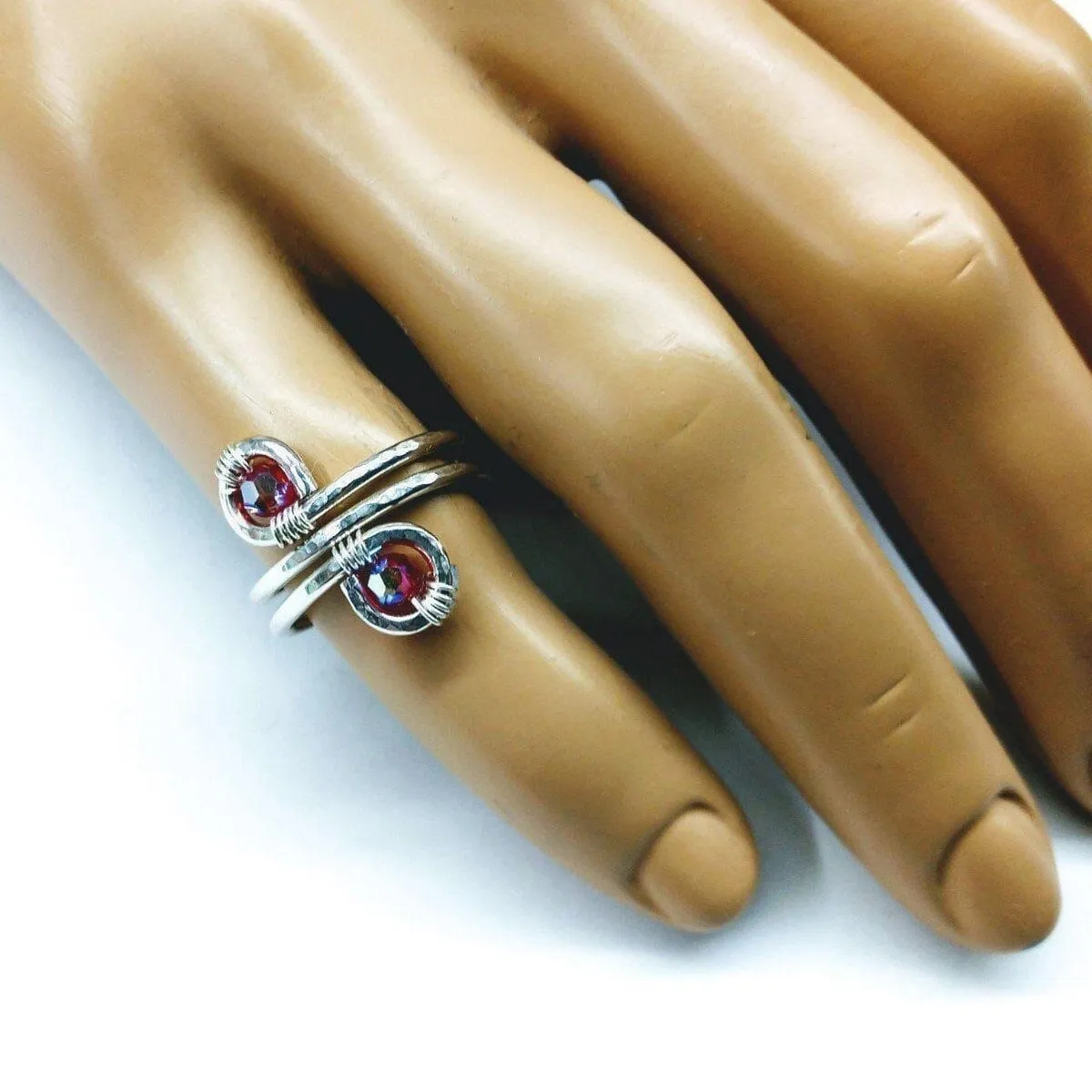 Sterling Silver Red Pink Crystal Adjustable Wire Wrap Finger Toe Ring