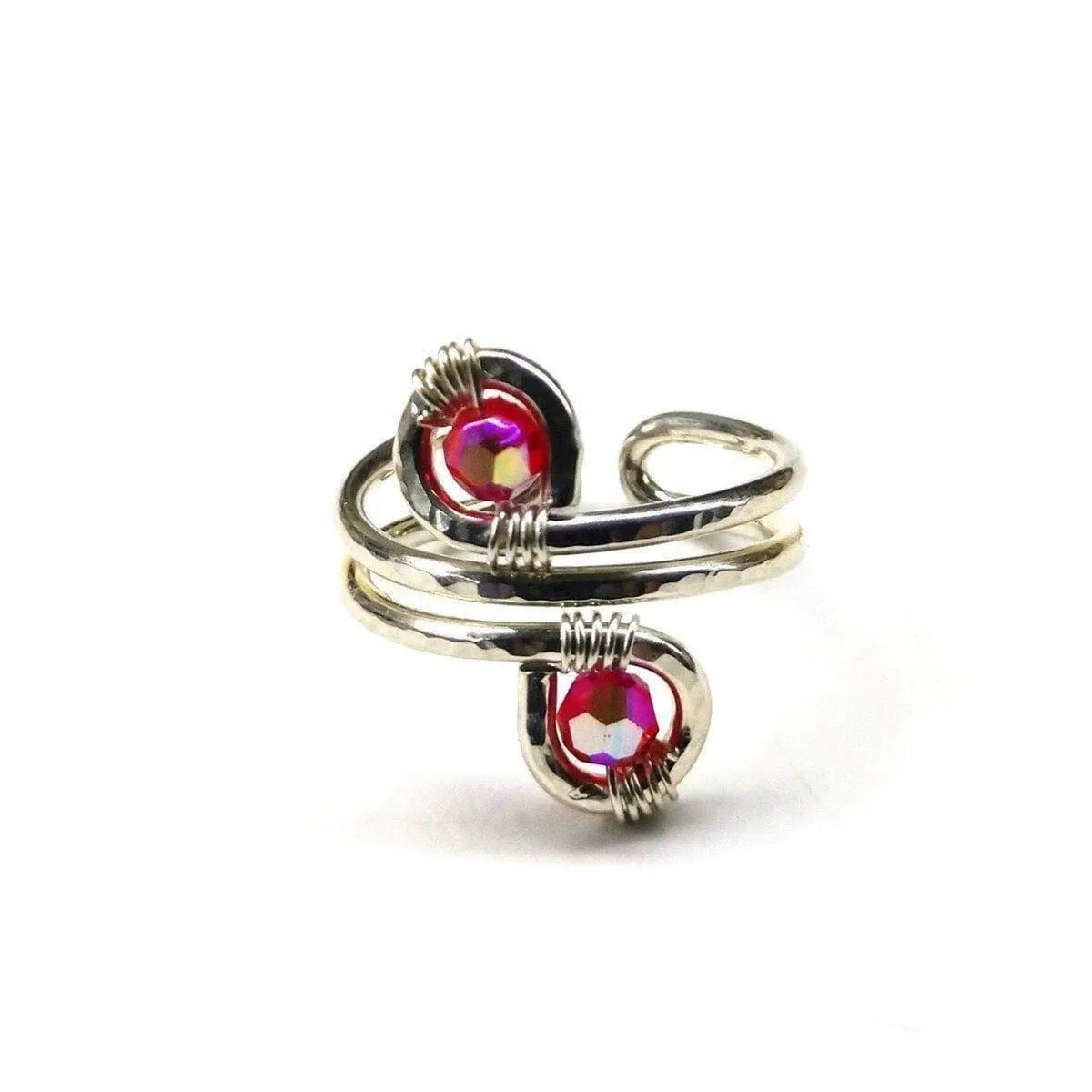 Sterling Silver Red Pink Crystal Adjustable Wire Wrap Finger Toe Ring