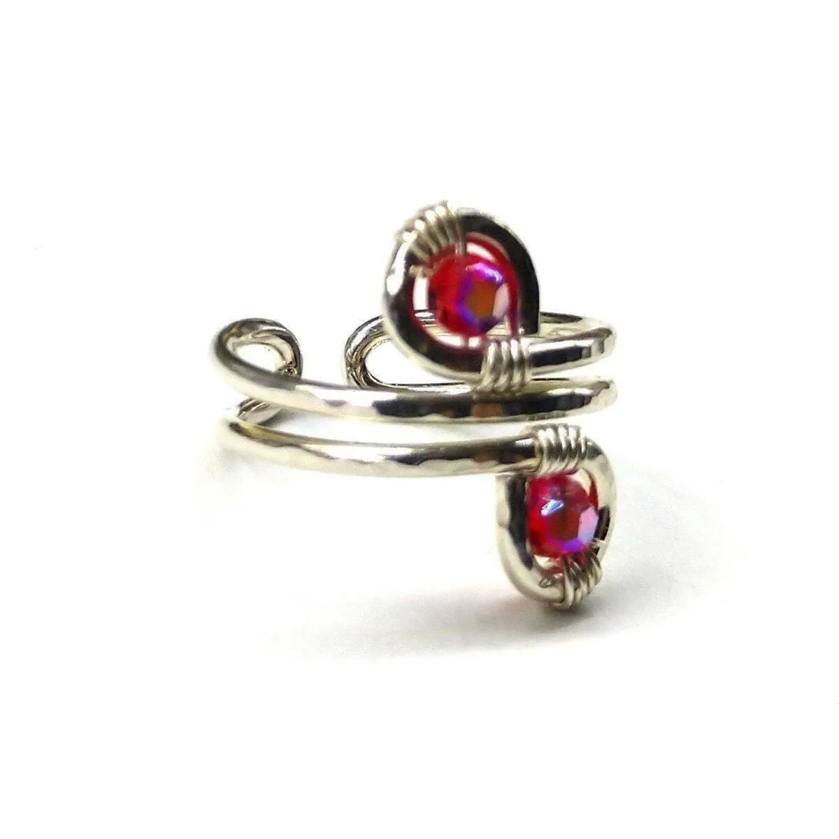 Sterling Silver Red Pink Crystal Adjustable Wire Wrap Finger Toe Ring