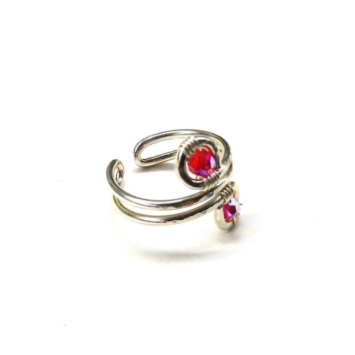 Sterling Silver Red Pink Crystal Adjustable Wire Wrap Finger Toe Ring