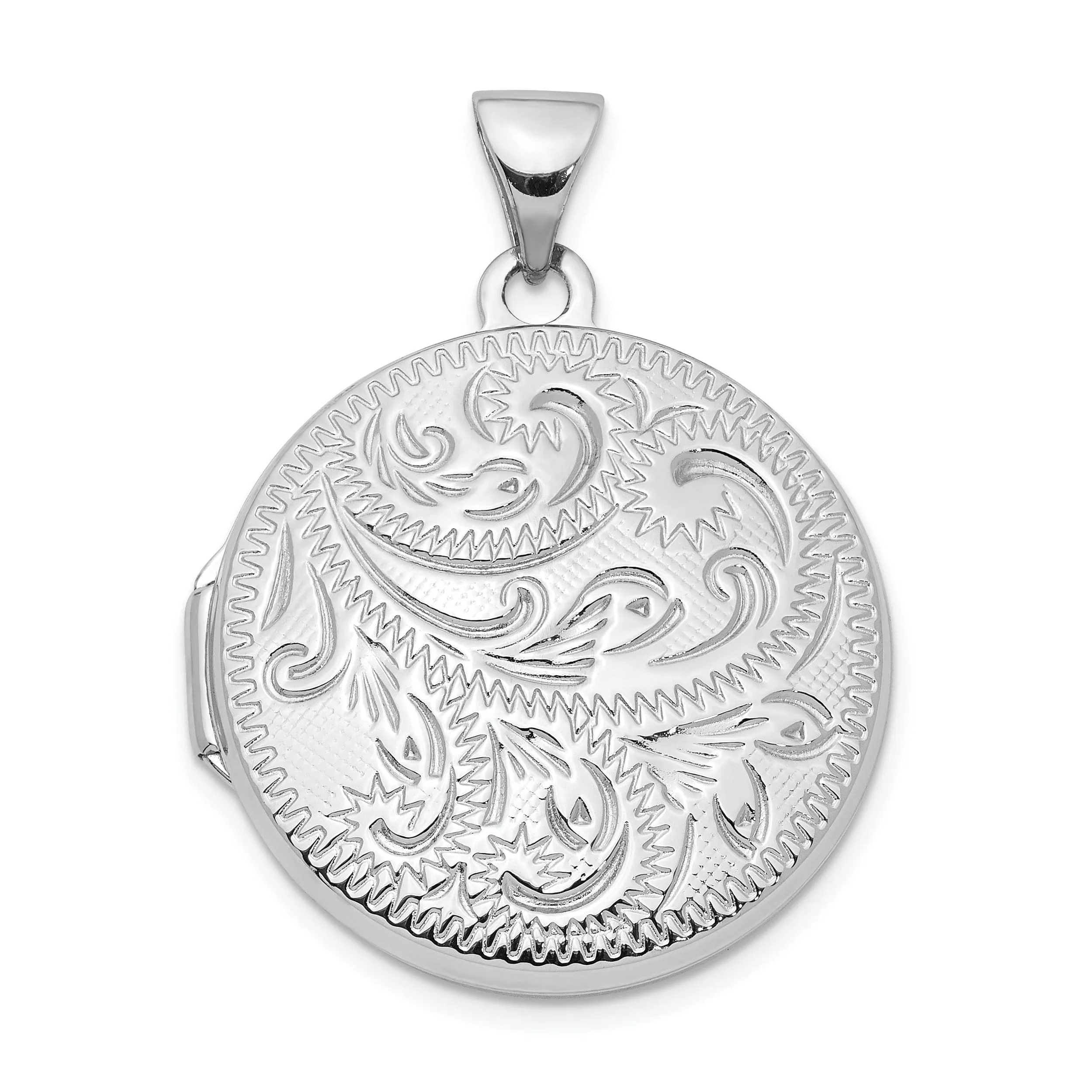 Sterling Silver Rhodium-plated 20mm Scroll Round Locket