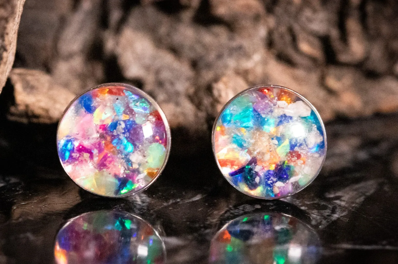 Stud Earrings with Opal and Cremation Ashes